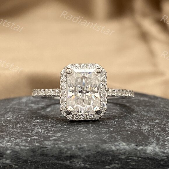 NEW Certified 2ct. t.w. Moissanite Radiant Cut Halo Ring - Picture 1 of 7